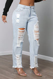 Distressed High-Waist Straight Jeans