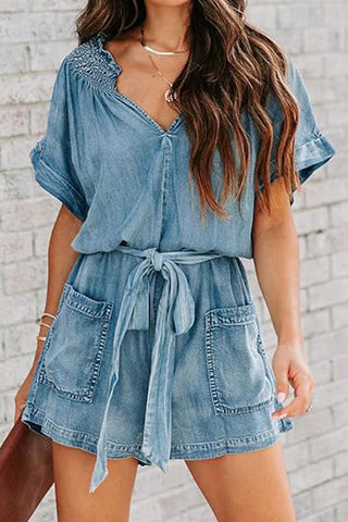 Tie-Waist Denim Romper