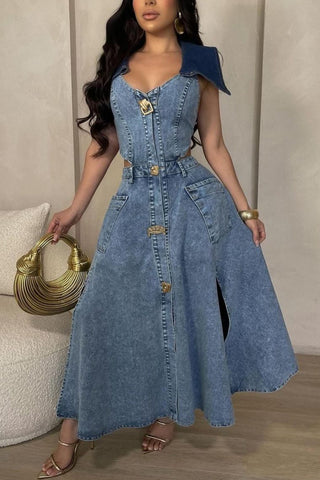 Button-Front Denim Dress
