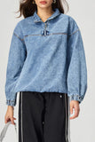 Zip-Front Denim Pullover Blouse
