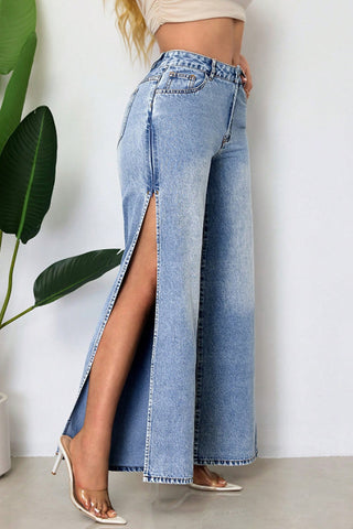 Wide-Leg Slit Denim Jeans