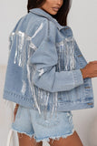 Fringe Detail Distressed Denim Jacket