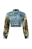 Printed Cropped Jacket and Distressed Pants Set