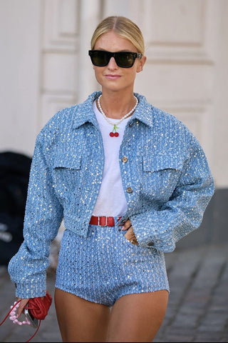 Sequin Embellished Cropped Denim Jacket