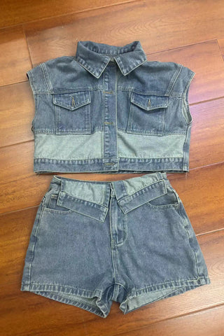Denim Crop Top and Shorts Set