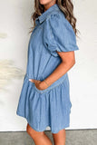 Button Down Short Puff Sleeve Ruffle Hem Dress