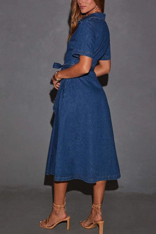 Belted Button-Front Denim Dress