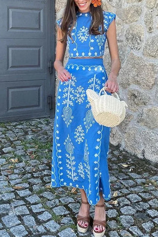 Patterned Skirt Set with Tie Detail