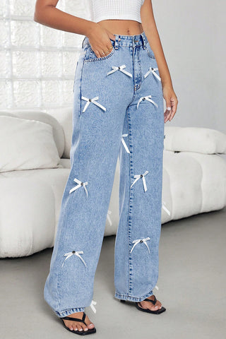 Bow-Accent Straight-Leg Jeans