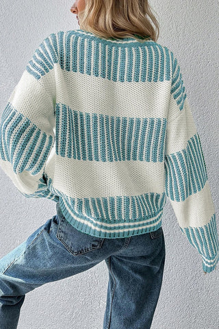 Two-Tone Striped Patchwork Drop Shoulder Sweater