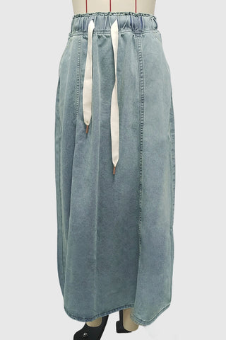 Drawstring Denim Maxi Skirt