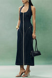 Zip-Front Denim Halter Dress