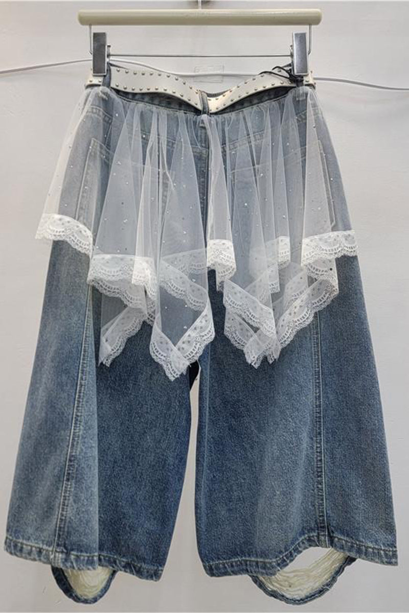 Layered Lace Skirt Denim Shorts