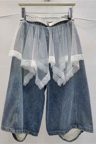 Layered Lace Skirt Denim Shorts