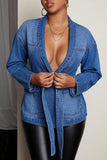Belted Denim Jacket with Deep V-Neck
