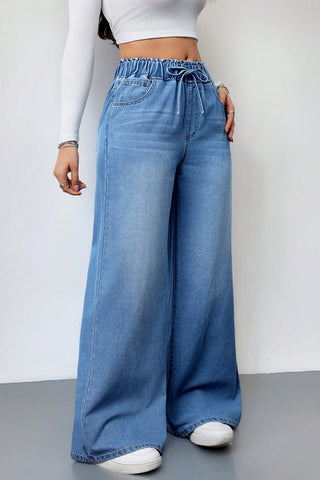 Casual Drawstring Wide-Leg Jeans