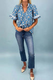 Button Tie Neck Short Sleeve Blouse