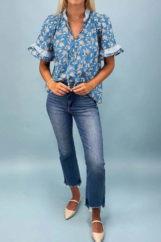 Button Tie Neck Short Sleeve Blouse