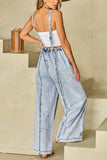 Wide-Leg Denim Overall Jumpsuit