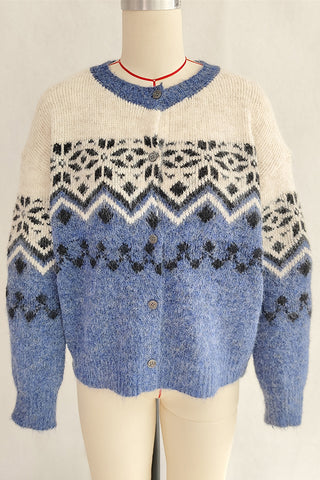 Button-Up Nordic Pattern Cardigan