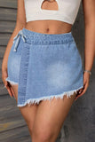 Wrap Style Denim Shorts with Frayed Hem