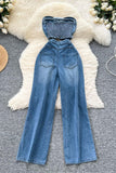 Strapless Distressed Denim Jumpsuit