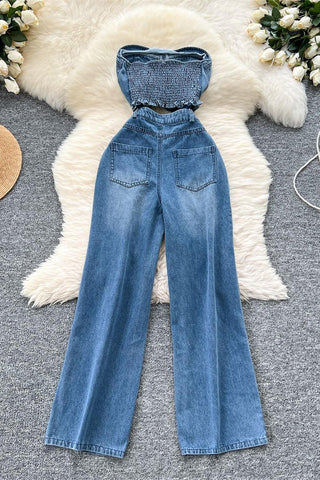 Strapless Distressed Denim Jumpsuit