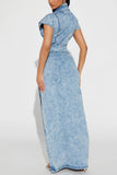 V-Neck Button Denim Maxi Dress