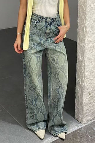Snake-Print Straight Leg Jeans