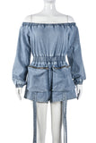 Off-Shoulder Denim Romper with Zipper Pockets