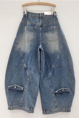 Wide-Leg Denim Trousers with Unique Details