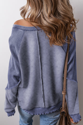 Waffle Knit Patchwork Raglan Sleeve Top