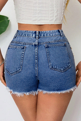 Pearl-Embellished Distressed Denim Shorts