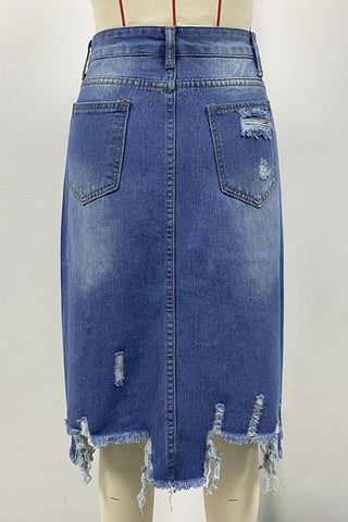 Distressed Denim Midi Skirt