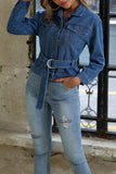 Belted Denim Jacket with Button Detail