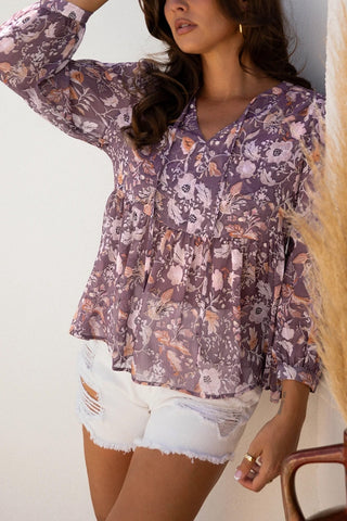 Boho Flower Print Babydoll Blouse