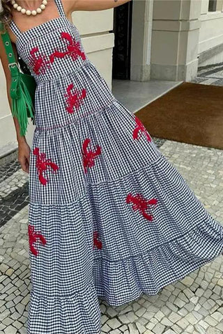 Lobster Motif Gingham Maxi Dress