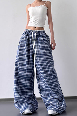 Wide-Leg Gingham Casual Pants