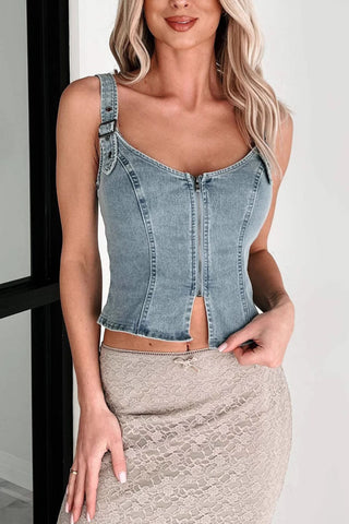 Zip-Front Denim Corset Top