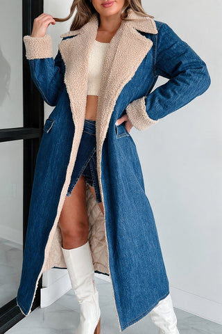 Belted Denim Coat with Plush Trim