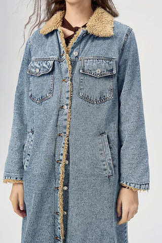 Longline Shearling-Lined Denim Coat