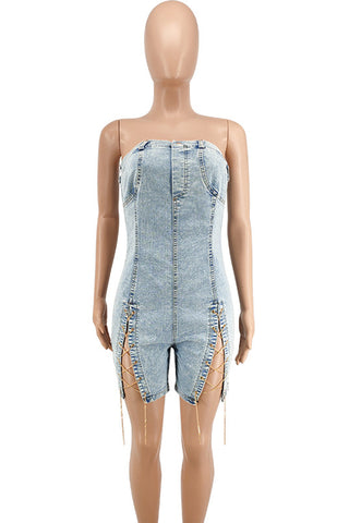 Strapless Romper with Lace-Up Sides