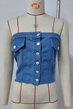 Button-Front Strapless Denim Top