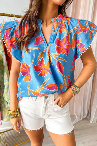 Flutter Sleeve Floral V-Neck Blouse
