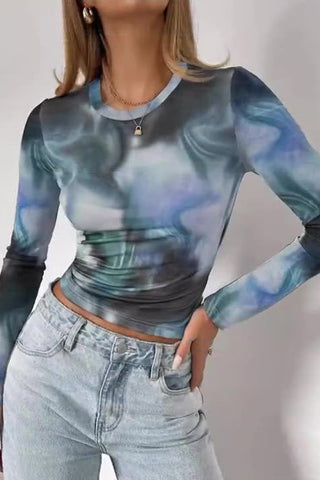 Abstract Print Long Sleeve Mesh Top