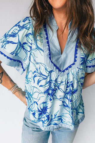 Floral Patterned Blouse with V-Neck