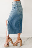 Distressed High-Low Denim Skirt
