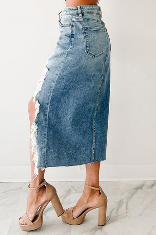 Distressed High-Low Denim Skirt