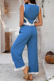 Floral Trim Wide-Leg Pants Set