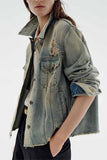 Distressed Denim Jacket with Button Closure
